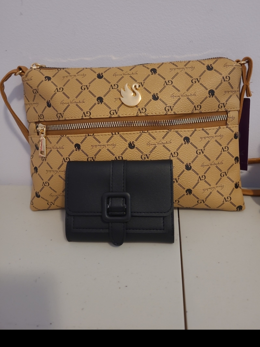 Patterned Tan Gloria Vanderbilt Crossbody Bag with Black Wallet